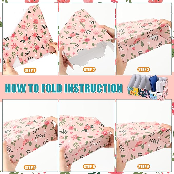 PerKoop 6 Pcs Decorative Magazine File Holders Floral Foldable File Folders Magazine Storage Boxes Rack Desk Organizer Documents with Printable Labels for School Office Home (Floral Design)