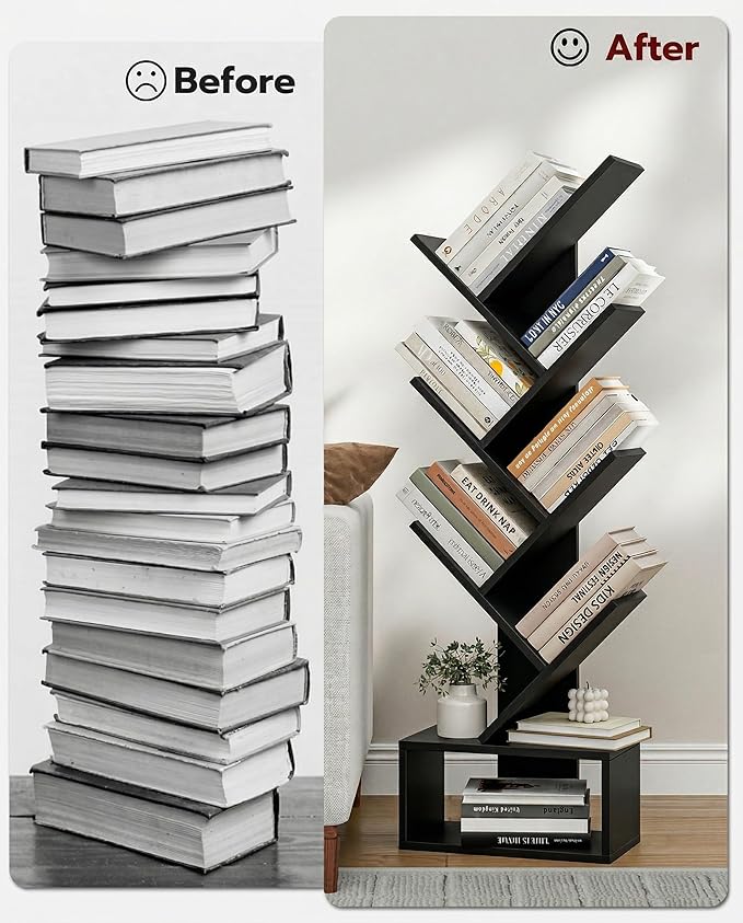 XBurmo 6 Tier Tree Book Shelf - Small Bookshelf Decor, Corner Bookshelf, Living Room Storage, Tall Narrow DVD & CD Shelf Storage Bookshelves, Comic Bookcases Standing for Bedroom or Office, Black