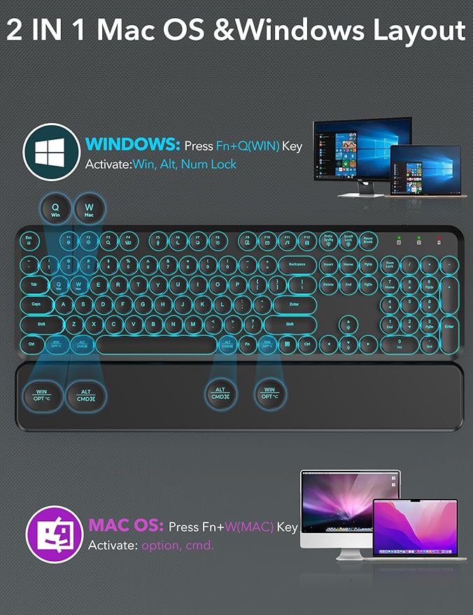 Wireless Keyboard and Mouse Backlit - Typewriter Keyboard with Magnetic Wrist Rest, Retro Round Keycaps, Light Up Letters, 2.4GHz Cordless Combo for Mac, Windows, PC, Laptop, Trueque CK24 [Upgraded]