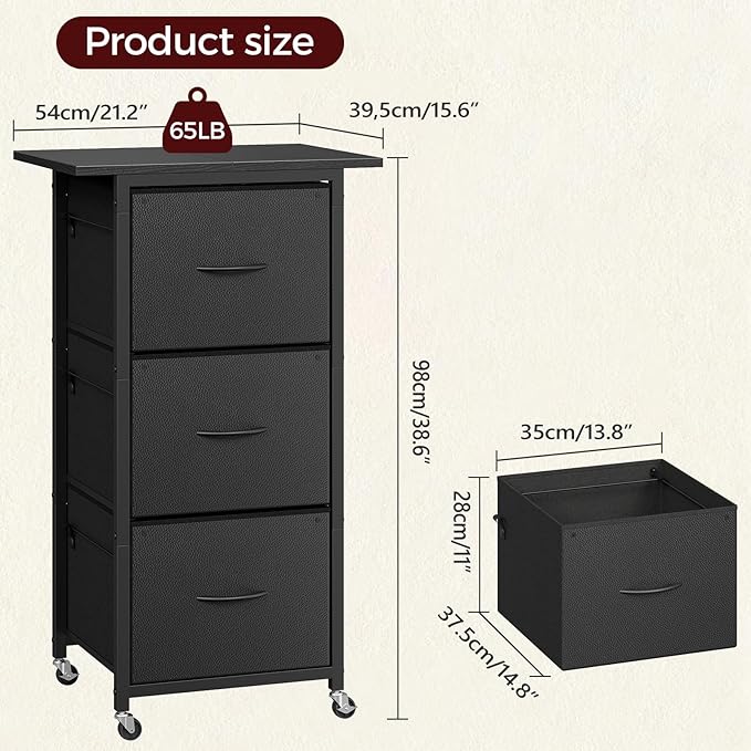 MAHANCRIS 3 Drawer File Cabinet, Vertical Filing Cabinet with Wheels, Printer Stand with Non-Woven Fabric Drawer, Adjustable Hanging Rods, fits A4/Letter Size, for Home Office, Black FCBK5901
