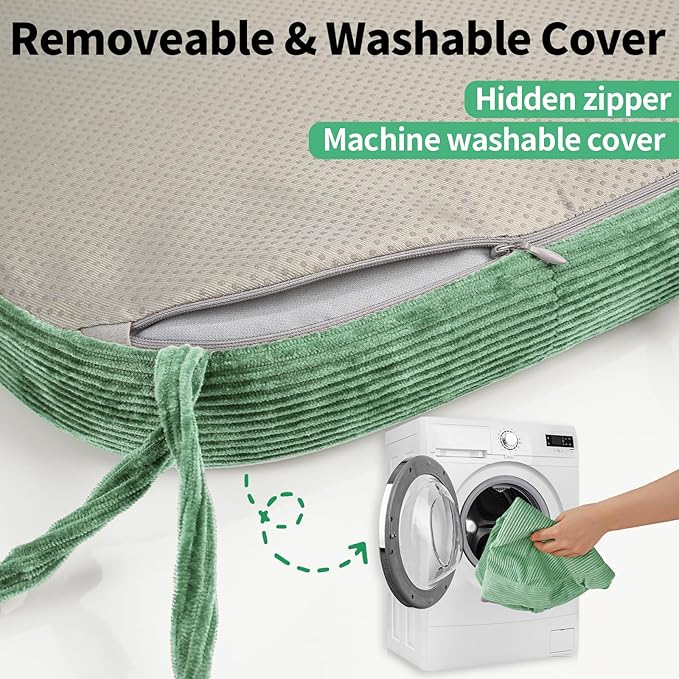 2.5" Thick Chair Cushions for Dining Chair, Corduroy Foam Kitchen Chair Pads, U Shaped Indoor Seat Cushions with Ties & Non-Slip Backing, Removable Washable Cover, 17''x16.5'', Set of 4, Green