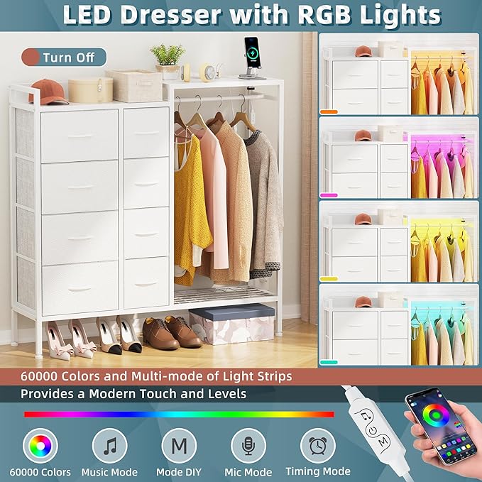 HIGDBFE Dresser with Hanging Rack, 8-Drawer Dresser for Bedroom with Charging Station & LED Lights, Fabric Dressers with Shoe Rack, Chest of Drawers with Wooden Top for Bedroom, White, 11.8" D