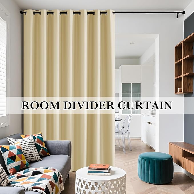 RYB HOME Beige 100% Blackout Curtains for Bedroom, Wide Thermal Insulated Privacy Curtains for Sliding Glass Doors/Patio Door/Living Room/Open Closet, Room Divider Panel, W70 x L84, 1 Panel