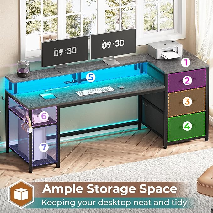 SEDETA 59" Office Desk with File Drawers, Reversible Computer Gaming Desk with Storage, LED Lights & Power Outlet, Home Office Desks for Printer, Grey