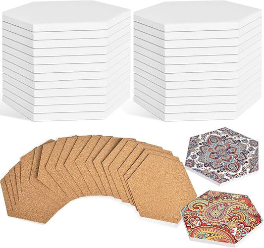 24 Pcs Ceramic Tiles for Crafts White Ceramic Coasters for Crafts with Cork Backing Pads Blank Unglazed Tiles for Painting Alcohol Ink Acrylic Pouring DIY Coaster Hexagon