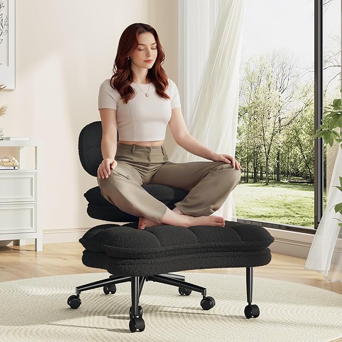 DurayLoly Criss Cross Chair, Ergonomic Office Chair with Wheels & Backrest, Cross Legged Office Chair with Foot Rest for ADHD, Height Adjustable, Thicken Cushion, Teddy Fabric, Black