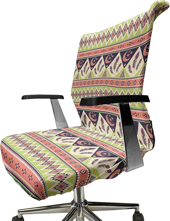 Ambesonne Aztec Office Chair Cover, Bohemian Composition of Crescent Stars and Feathers, Stretchable Decorative Universal Size High Back Printed Slipcover, Green Coral