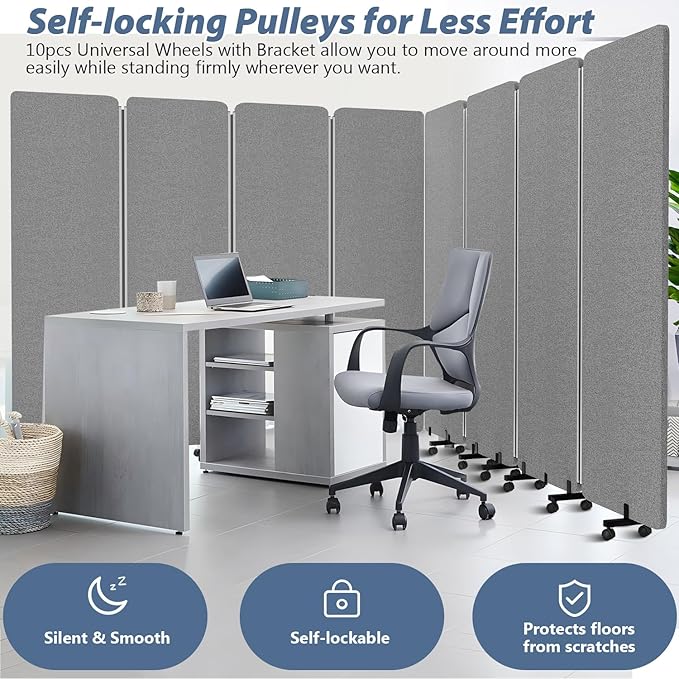 Room Divider Soundproof Privacy Panel with Wheels, 4 Panel Wall Divider (Aluminum Frame) for Room Partition, Folding Room Dividers Space Separation Office Cubicle Wall Divider Sound Proof Separator
