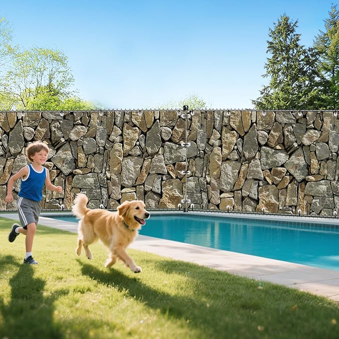 UPGRADE 3'x26'Customized PVC Privacy Fence Screen with Stone Wall Print – Outdoor Waterproof Patio Privacy Cover for Yard, Balcony, Garden Fence Decoration