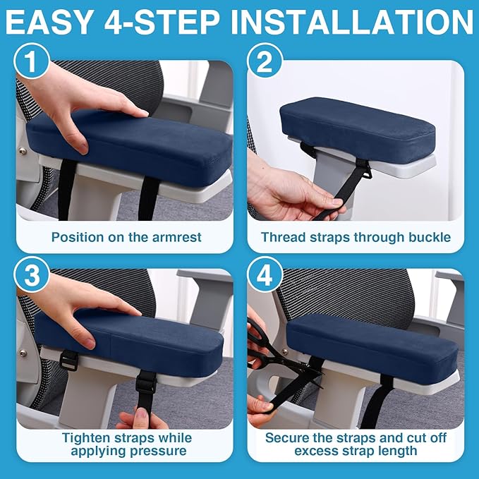 Smiry Ergonomic Office Chair Armrest Pads, Memory Foam Arm Rest Covers, Non-Slip Armrest Cushion with Adjustable Buckles and Straps, Elbow Relief for Desk, Gaming & Wheelchair (Navy, Set of 2)