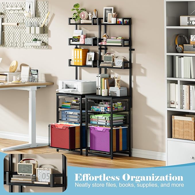 Sbanmao 3-Drawer File Cabinet with 3 Shelves, 61" Tall Vertical Filing Cabinet for Home Office, Metal Mesh Drawers with Small Printer Stand, Fit for Letter Files, Black