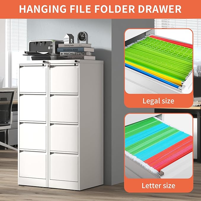 IKIMI 4 Drawer File Cabinet,Metal Filing Cabinets for Home Office,Vertical File Cabinet with Lock,Heavy Duty Metal Storage Cabinet for A4/Letter/Legal Size Files,Assembly Required