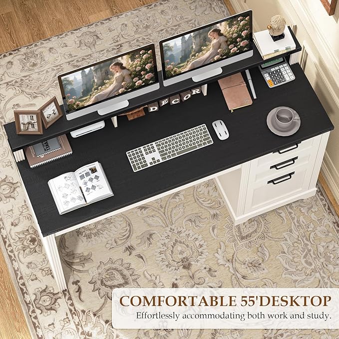 Vabches 55" Farmhouse Executive Desk with 3 Drawers, Wooden Computer Desk, Home Office Desk with File Drawer (Fits A4 Size) for Work and Study, White and Black