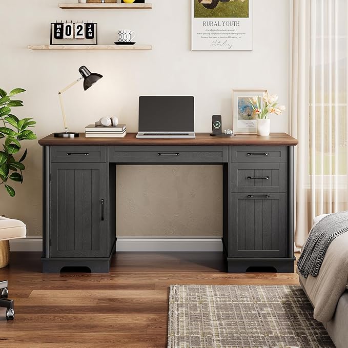 ONBRILL 56" Large Executive Desk with Drawers,Modern Farmhouse Home Office Desk with Charging Station, Wood Computer Writing Desk with File Drawer for Study Work Bedroom Living Room Black