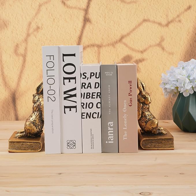 Book Ends for Shelves to Hold Books Hevay Duty,Decorative Bookends for Bookshelf Décor,Cute Animal Rabbit Book Stopper Easter Bunny Statues for Home, Office Desk, Living Room Decoration,1 Pair (Gold)