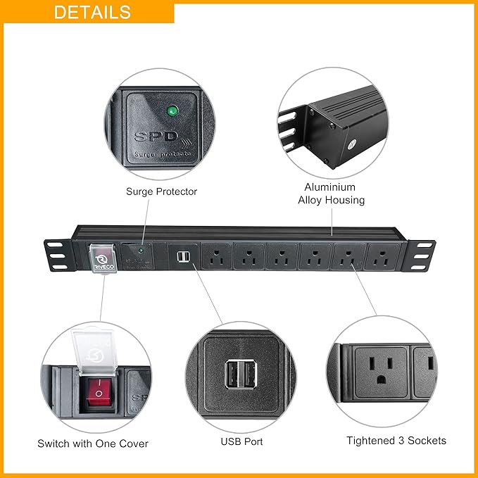RIVECO PDU 6 Outlets with 2 USB Ports, Flexible Rack Mount Power Strip for 19” Server Cabinet, with Surge Protector for Network & Audio Devices, 1U Black