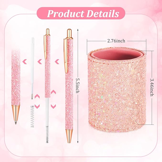BBTO Bling Sequin Pen Holder with 6 Pcs Sequin Click Pens Cute Glitter Retractable Ballpoint Pens, Pencil Cups for Desk Organizer Makeup Brush Holder for Women Girls Classroom Offices(Light Pink)