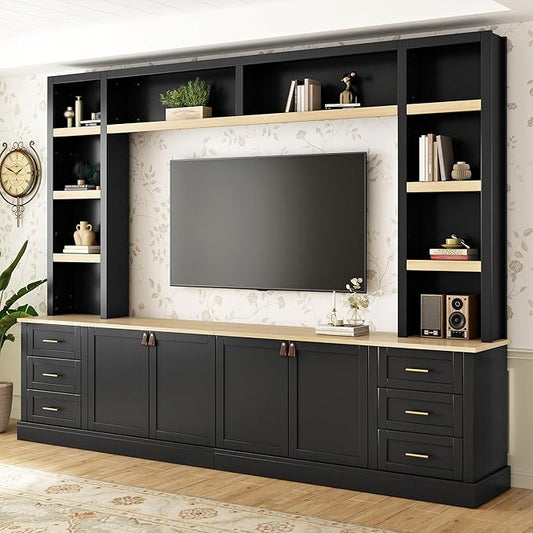 102.3"W Farmhouse 4-Piece Entertainment Center Wall Unit with Adjustable Shelves, Modern Large TV Stand with Bookshelves for TVs Up to 75", Rustic Media Console with 6 Drawers for Living Room, Black