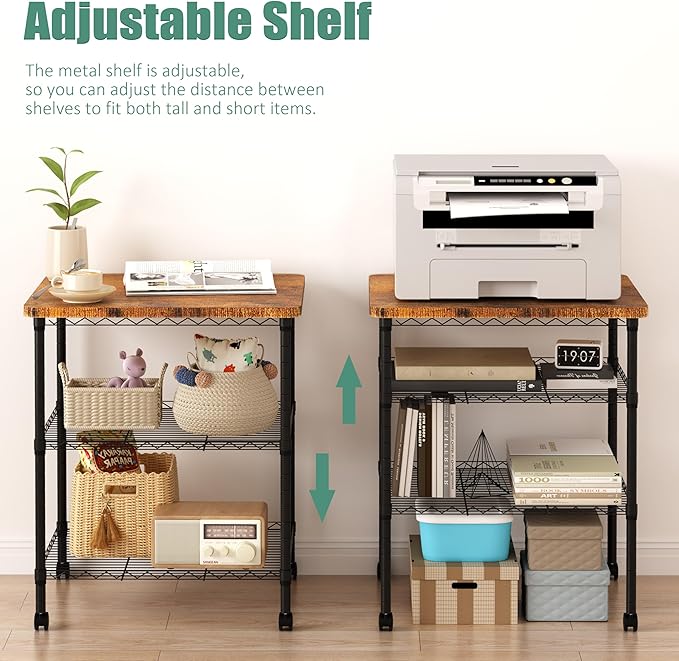 Printer Stand with Locking Wheels, Adjustable Heights 3 Tier Under Desk Table, Rolling Printer Cart Storage Paper Files Holder for Desk, Office, Home, Rustic Brown