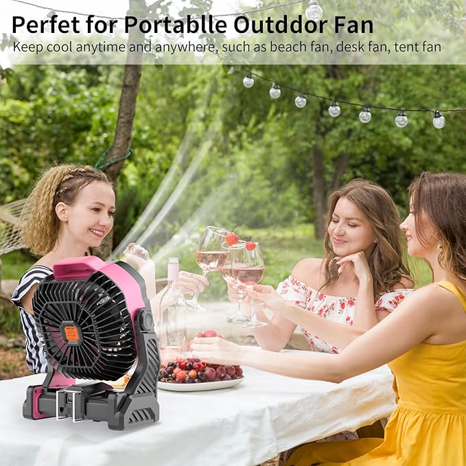 WESTTREE 20000mAh Battery powered fan Camping essentials,Portable fan Battery Operated Rechargeable Tent Fan with Light & Hook X26A Pink