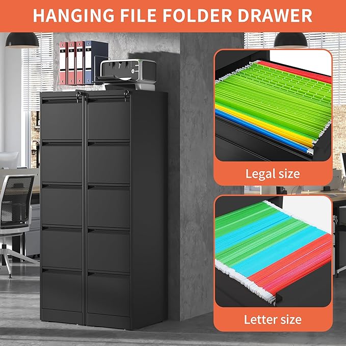 IKIMI 5 Drawer File Cabinet,Metal Filing Cabinets for Home Office,Vertical File Cabinet with Lock,Heavy Duty Metal Storage Cabinet for A4/Letter/Legal Size Files,Assembly Required