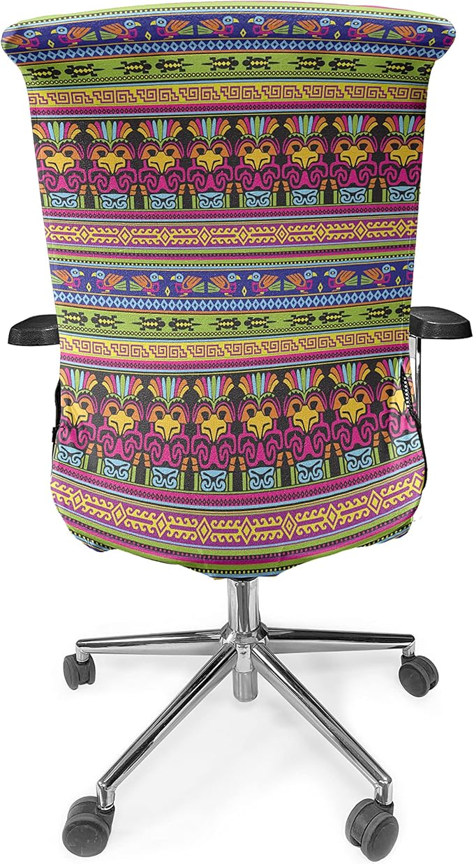 Ambesonne Prehistoric Office Chair Cover, Aztec Culture Pattern Borders Ornate Tribal Animal Print, Stretchable Decorative Universal Size High Back Printed Slipcover, Magenta Yellow