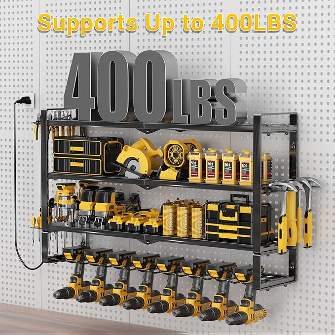 Large Power Tool Organizer Wall Mount with Charging Station,4 Layer Heavy Duty Metal Tool Storage Rack with 5-Outlet Power Strip,Loads 400lbs with 8 Cordless Drill Holder,Battery Utility Tool Shelf