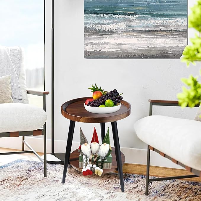 Small Round Side Table, 2-Tier Mid Century Modern Side Table, Round End Table Small End Table for Living Room, Metal Frames, Brown