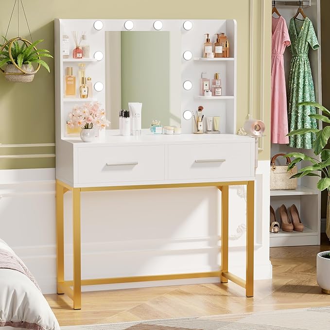 YESHOMY Vanity Desk with Mirror, Makeup Table with 2 Large Drawers, Power Outlet and Round Holder, 3 Color Modes Adjustable Bulb, Pure White & Gold Frame