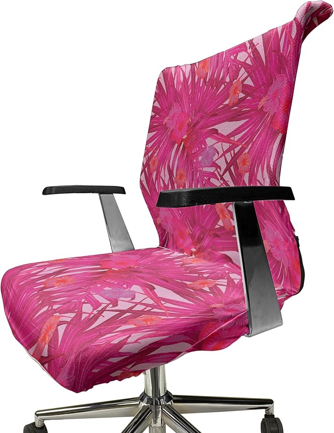 Ambesonne Hibiscus Office Chair Cover, Summer Concept Pattern of Tropical Flowers and Monstera Leaves, Stretchable Decorative Universal Size High Back Printed Slipcover, Raspberry Pink