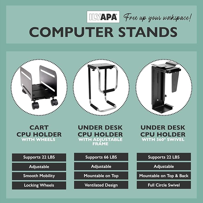 Ilyapa Under Desk Computer Mount with 360 Degree Swivel - CPU Holder for PC Desktop Tower