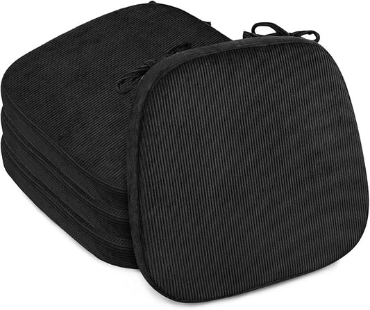 2.5" Thick Chair Cushions for Dining Chair, Corduroy Foam Kitchen Chair Pads, U Shaped Indoor Seat Cushions with Ties & Non-Slip Backing, Removable Washable Cover, 17''x16.5'', Set of 4, Black