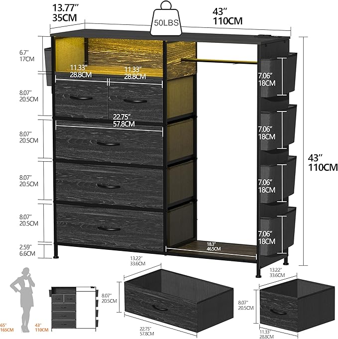 Espelism Dresser for Bedroom with Clothes Rack Side Pockets 5 Drawer Dresser with Charging Station LED Lights Black Storage Chest of Drawers for Nursery Hallway Closet Sturdy Steel Frame Wood Top