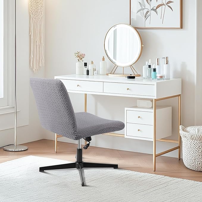 Criss Cross Chair Cover, 2pcs Grey Armless Elastic Vanity Office Desk Computer Chair Fuzzy Cover, Wide Seat Swivel Cross Legged Chair Covers Slipcovers for Bedroom（Only Covers, No Chairs）