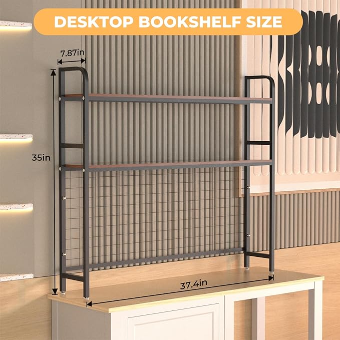 FAHKNS Desktop Bookshelf - 2-Tier Desk Book Organizer，Multifunctional Metal Desktop Bookshelf with 3 Hooks & DIY Storage Mesh for Office/Game Room/Study/Powder Room - Black