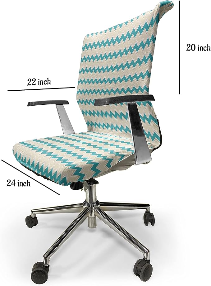 Ambesonne Teal Office Chair Cover, Horizontal Zigzag Lines Chevron Triangles Pattern Simple Classical Geometric Design, Stretchable Decorative Universal Size High Back Printed Slipcover, Cream Teal