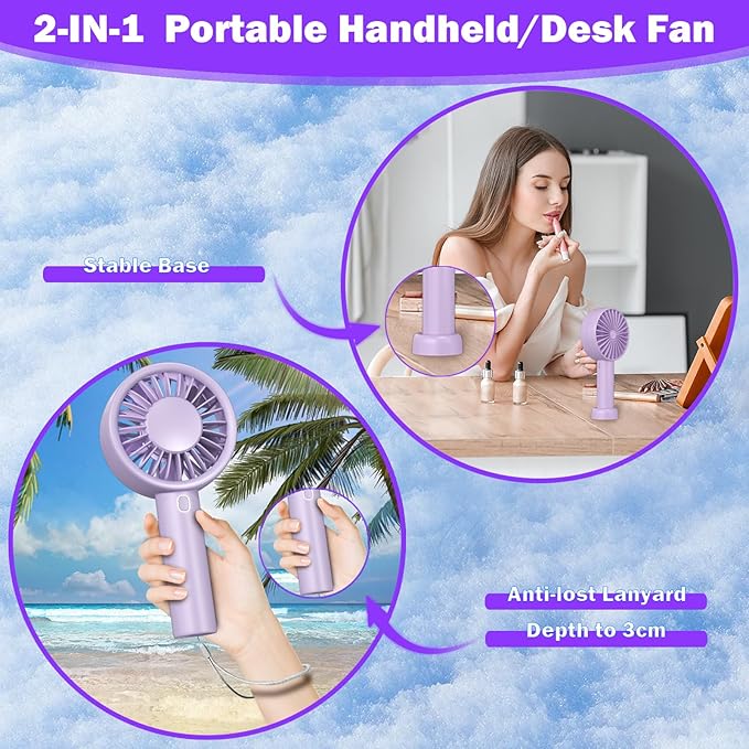 Decute Handheld Turbo Fan Strong Wind Mini Portable Fans, Hand Held USB-C Rechargeable Travel Fan for Indoor Makeup Office Desktop and Outdoor Beach, for Women Girl Men Boy(Purple)