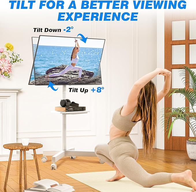 Rfiver Mobile TV Stand for 23-65 Inch LCD LED Flat/Curved Panel Screen TVs up to 88 lbs, Rolling TV Stand with Adjustable Shelf & Tilt, Portable Floor Stand on Wheels for Bedroom, Living Room, White