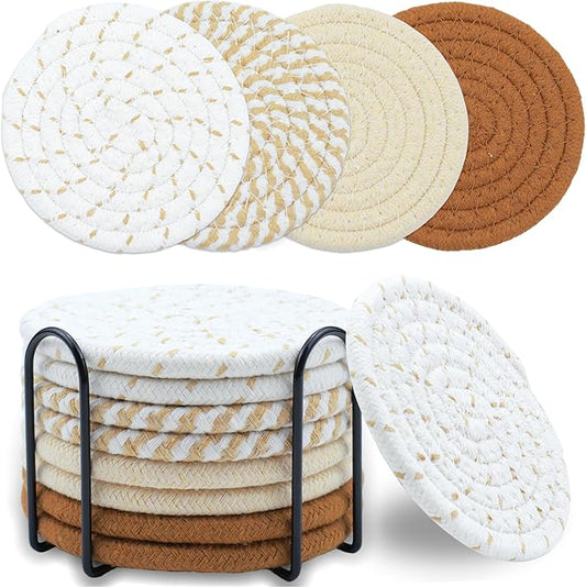 8 Pcs Drink Coasters with Holder, Minimalist Cotton Woven Coaster Set, 4 Colors Absorbent Coaster Protection Protection for Various Cups, Ideal for Coffee Tables and Home Decor Tabletop, 4.3 Inches