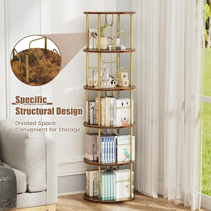 ALLSTAND 5 Tier Rotating Bookshelf, 360 ° Display Stackable Spinning Bookshelf Tower, Narrow Space Saving Tall Floor Standing Swivel Bookcase Corner Storage Organizer for Bedroom, Living Room, Gold