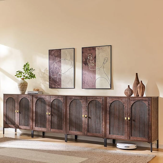 IFGET Modern Buffet Cabinet with Storage, 123.5" W Fluted Arched Sideboard Cabinet w/Adjustable Shelves, Wooden Modular Coffee Bar for Dining Room, Kitchen, Living Room, Entryway, Brown