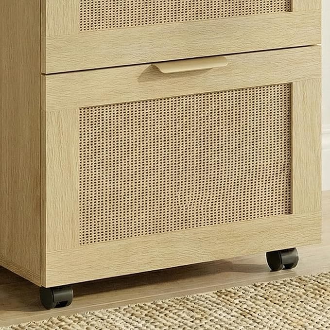 Lateral File Cabinets for Home Office, 3 Drawer Filing Cabinet with Lock, Rattan Filing Organization Storage Cabinets with Printer Stand for Hanging Files/Letter/Legal/A4/F4 Size, Natural Wood