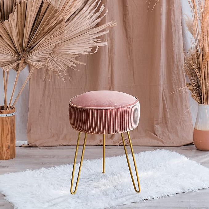 LUE BONA Velvet Vanity Stool for Makeup Room, Modern Ottoman Footrest with Metal Legs, Pink