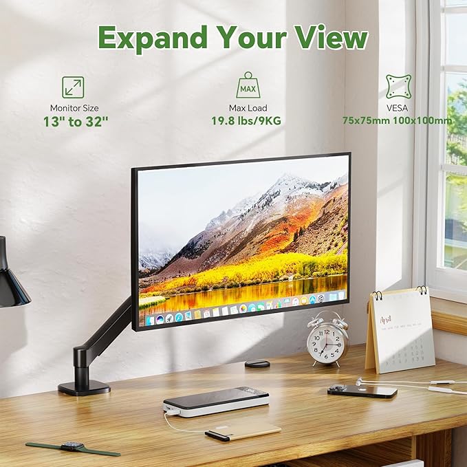 Ekisemio Single Monitor Mount, 13 to 32 Inch Monitor Arm, Adjustable Monitor Stand