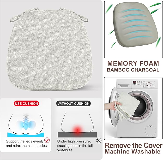 SINOSSO 1 Pack Memory Foam Chair Cushions for Dining Chair, Friendly Woven Fabric 16" U-Shape Comfortable Kitchen Chair Pad, Removable Slip Resistant Seat Cushion (1 Piece, Beige-Gray)