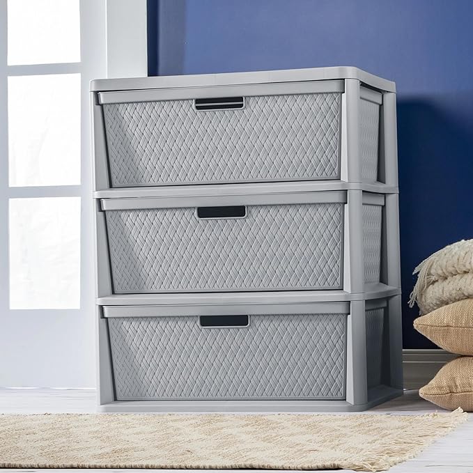 Gray Storage Drawer, 3 Drawer Plastic Weave Wide Tower with Pull Handles