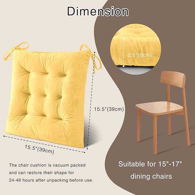 OVOV 6 Pack Chair Cushions for Dining Chairs Soft Seat Cushions for Kitchen Desk Chairs Square Chair Pads with Ties (15.5"x15.5" Pastel Yellow)