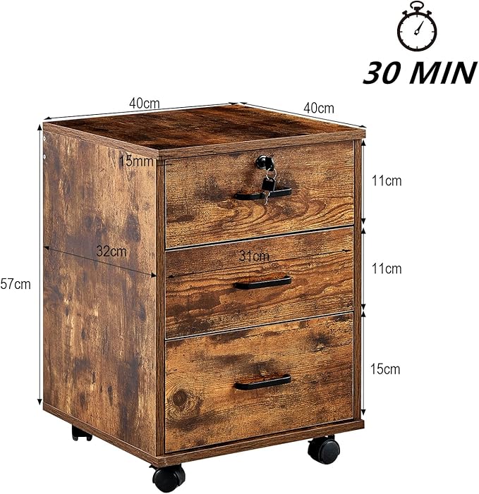 OFCASA 3 Drawer File Cabinet with Lock, Small Rolling Filing Cabinets for Home Office, Wood Under Desk File Cabinet with Wheels, Mobile Storage Organizer, Printer Stand for Letter/Legal, Rustic Brown