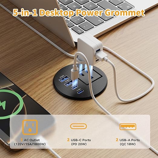2.5-inch Desk Power Grommet, Recessed Power Grommet with 20W USB C, 1 Outlet, Flush Mount Power Outlet for Desktop Conference Room Furniture Table, Black