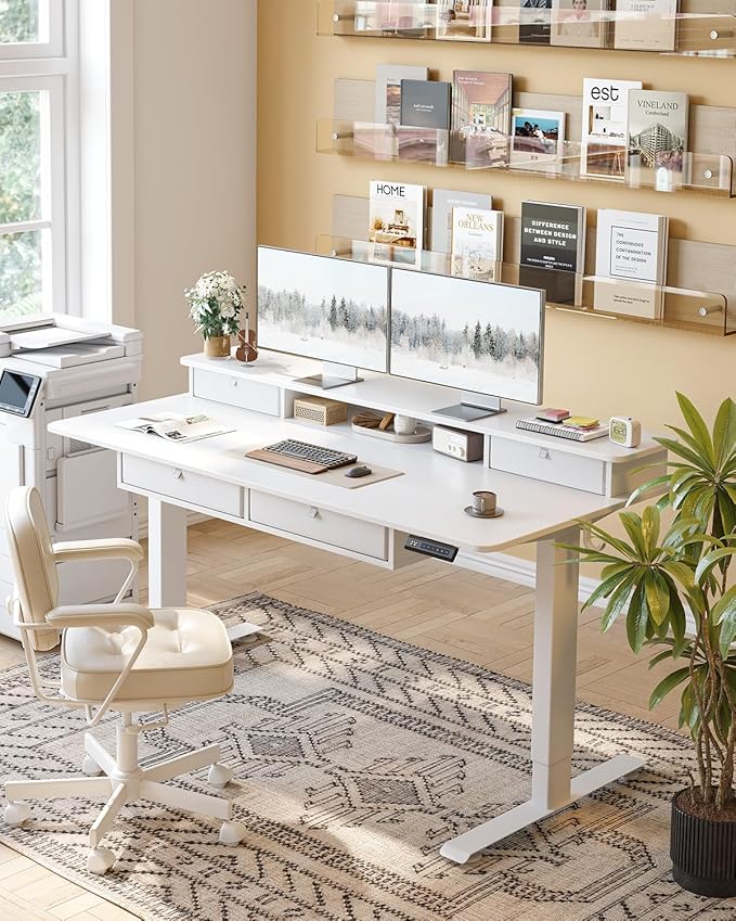 FEZIBO 60 x 30 inch Standing Desk with Drawers, Height Adjustable Electric Workstation, Computer Sit Stand Up Table with Large Storage Shelf 4 Drawers and 2 Hooks, White